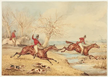 Cazadores a caballo con perros