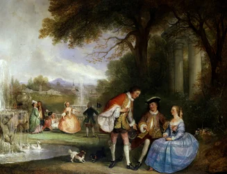 Con permiso. Escenas galantes en un jardín con fuentes (reverencia). Pintura de Henry Andrews (D.1868 Británico) Colección privada