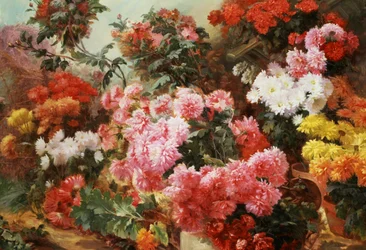 Crisantemos multicolores. Pintura de Henri-Arthur (Henri Arthur) Bonnefoy (1839-1917) Colección particular.