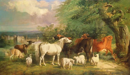 Haddon Hall con ovejas, ganado, un ciervo y un pony