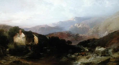 Vista en el norte de Gales con molino de sobrecarga, ganado y ovejas