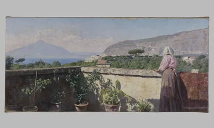 Mujer en la terraza del Hotel Cocumella. Vista del Vesubio