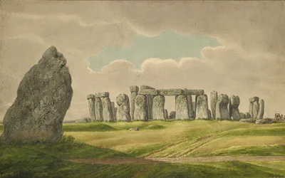 Stonehenge desde el N.E., mostrando ruinas y piedra del talón con carro, caballo, persona, 1824-1839
