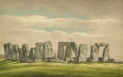 Stonehenge desde el N.O., mostrando ruinas con hombre y perro