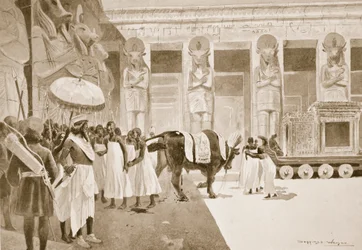 Cambises mata al Toro Sagrado, ilustración de «Historia de las naciones de Hutchinson», hacia 1910