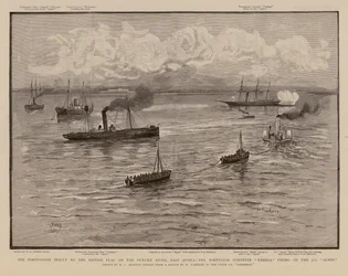 La corbeta portuguesa Tamega dispara contra el SS Agnes, río Pungwe, África Oriental (grabado)
