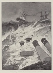 Las maniobras navales, vista de la proa del HMS Repulse en un mar de proa frente a la costa irlandesa