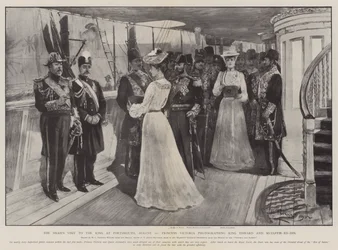 La visita del Shah al Rey en Portsmouth, 20 de agosto, la Princesa Victoria fotografiando al Rey Eduardo y Muzaffir-ed-Din
