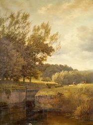 Paisaje boscoso con niño pescando en una esclusa