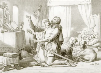 Cómo Torfrida enseña a rezar a Hereward (grabado)