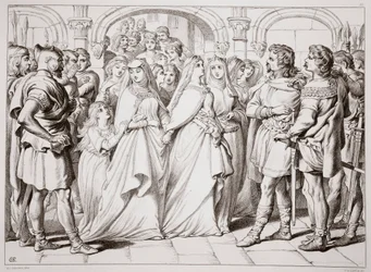 Alftruda reconoce a Hereward, ilustración de Hereward the Great de Charles Kingsley, pub. 1870, grabado por C.G. Lewis