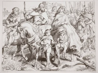 Hereward protege a Alftruda a un lugar seguro, ilustración de Hereward the Great por Charles Kingsley, pub. 1870, grabado por C.G. Lewis