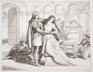 La primera entrevista de Hereward con Torfrida, ilustración de Hereward the Great de Charles Kingsley, pub. 1870, grabado por C.G. Lewis