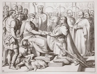 Cómo Hereward llegó al Rey, ilustración de Hereward the Great de Charles Kingsley, pub. 1870, grabado por C.G. Lewis