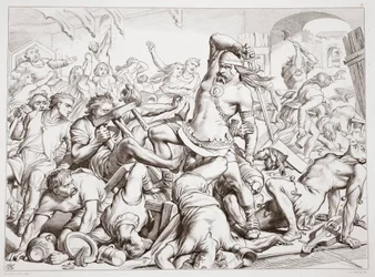 Cómo Hereward limpió Bourne de franceses, ilustración de Hereward the Great de Charles Kingsley, pub. 1870, grabado por C.G. Lewis