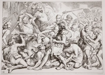 Cómo Hereward rescata a Alftruda, ilustración de Hereward the Great por Charles Kingsley, pub. 1870, grabado por C.G. Lewis
