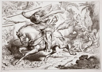 Cómo Hereward fue atrapado en una trampa, ilustración de Hereward el Grande por Charles Kingsley, pub. 1870, grabado por C.G. Lewis