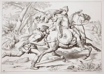 Cómo Martin Lightfoot alcanza a Hereward, ilustración de Hereward the Great por Charles Kingsley, pub. 1870, grabado por C.G. Lewis