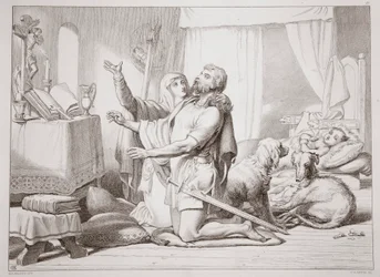 Cómo Torfrida enseña a Hereward a rezar, ilustración de Hereward el Grande por Charles Kingsley, grabado por C.G. Lewis