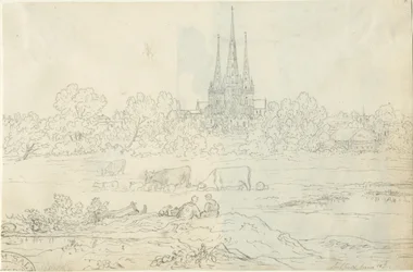 Catedral de Lichfield - Vista Este: dibujo a pluma y tinta, 20 Jun [c 1820]