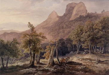 Paisaje rocoso con figuras y un lago en el fondo