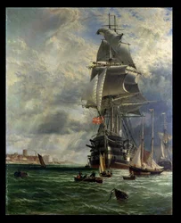 El H.M.S. St. Vincent en su fondeadero frente a la entrada de Haslar Creek, Portsmouth, 1868