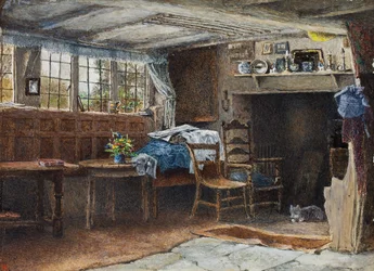 Interior de la Cabaña de Anne Hathaway, con gato