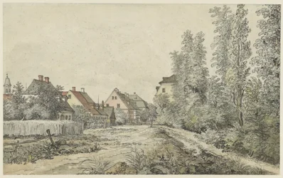 Carretera de pueblo con casas (¿en Alemania?)