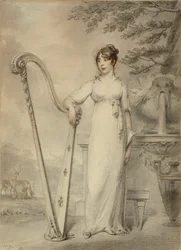 Retrato de cuerpo entero de "Miss V. Dupuis" apoyando su brazo en un arpa. En el fondo una fuente y un paisaje con ciervos