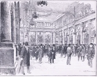 Dentro de la Bolsa Real en Manchester, ilustración de la Historia de Inglaterra de Cassell, 1900s