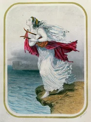 La poetisa, Safo, arrojándose al mar, grabado por Mme Gervais, 1849