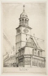 La oficina de correos, Iglesia holandesa media de Escenas del viejo Nueva York, 1870