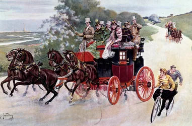 Un carruaje cargado de pasajeros y ciclistas. Litografía basada en una pintura de Henry Finney (siglo XIX), alrededor de 1890. Colección privada