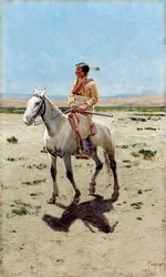 Explorador Cheyenne. Un indio a caballo con un rifle. Pintura de Henry Francois Farny (1847-1916)