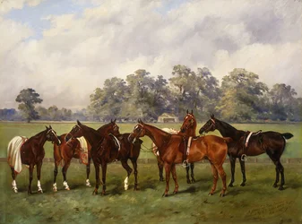 Un grupo de ponis de polo, Dainty, Gold, Redskin, Miss Edge y Piper, propiedad de Sir Humphrey de Trafford, Bart, 1895