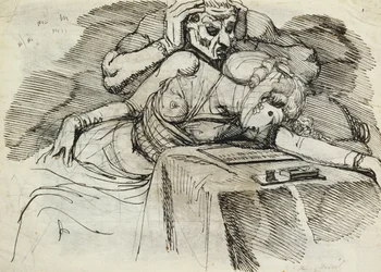 Una mujer desmayada en una mesa de escritura, con una figura amenazante detrás