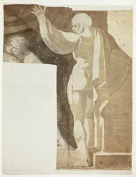 Figura masculina con el brazo izquierdo levantado vista desde atrás, y fragmento de anciano