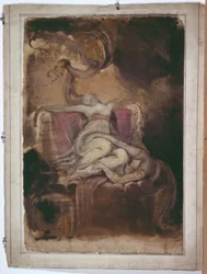 Boceto para "Dido en la pira funeraria" (anverso); boceto erótico de hombre y mujer (reverso)