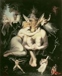 Titania despierta, rodeada de hadas asistentes, abrazando con entusiasmo a Bottom, todavía con la cabeza de asno, 1793-4