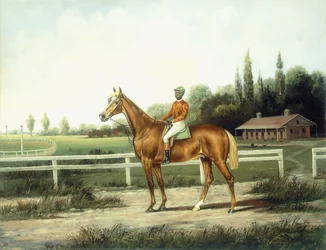 Un Caballo de Carreras Castaño con Jinete en una Pista de Entrenamiento con Establos al Fondo