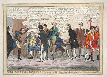 La sociedad del protocolo en un alboroto, o los conferenciantes confundidos. Un boceto en Downing Street, pub. 1831 (grabado coloreado a mano)
