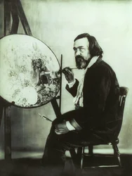Retrato de Richard Dadd trabajando en Oberon y Titania en el hospital de Betlam, c.1875 (foto b/n)