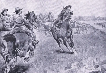 La carrera por el control de la carretera de Philips Town, de Después de Pretoria: La Guerra de Guerrillas publicado por Harmsworth Bros Limited, 1901