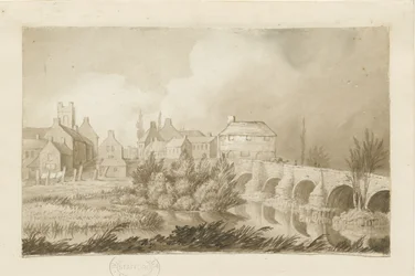 Puente y ciudad de Burton-upon-Trent: dibujo en sepia, nd [c 1840]