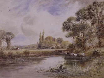 Paisaje con prados y ganado bebiendo