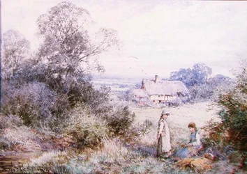 Dos niñas jugando junto a un prado