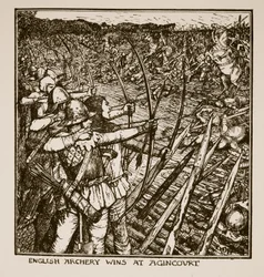 La arquería inglesa gana en Agincourt, ilustración de 