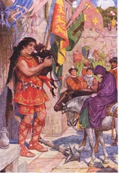 Flibbertibbet vestido como un diablo pacifica al gigante cuando Wayland lleva a Amy al Castillo de Kenilworth, ilustración de Kenilworth, c.1910