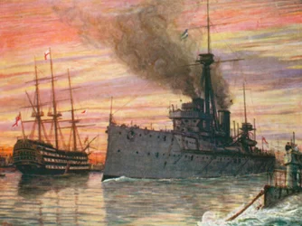En el puerto de Portsmouth en 1909, el "Dreadnought" y el "Victory" (litografía en color)