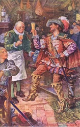 Michael Lambourne bebe con el posadero del Oso Negro, ilustración de Kenilworth, c.1910